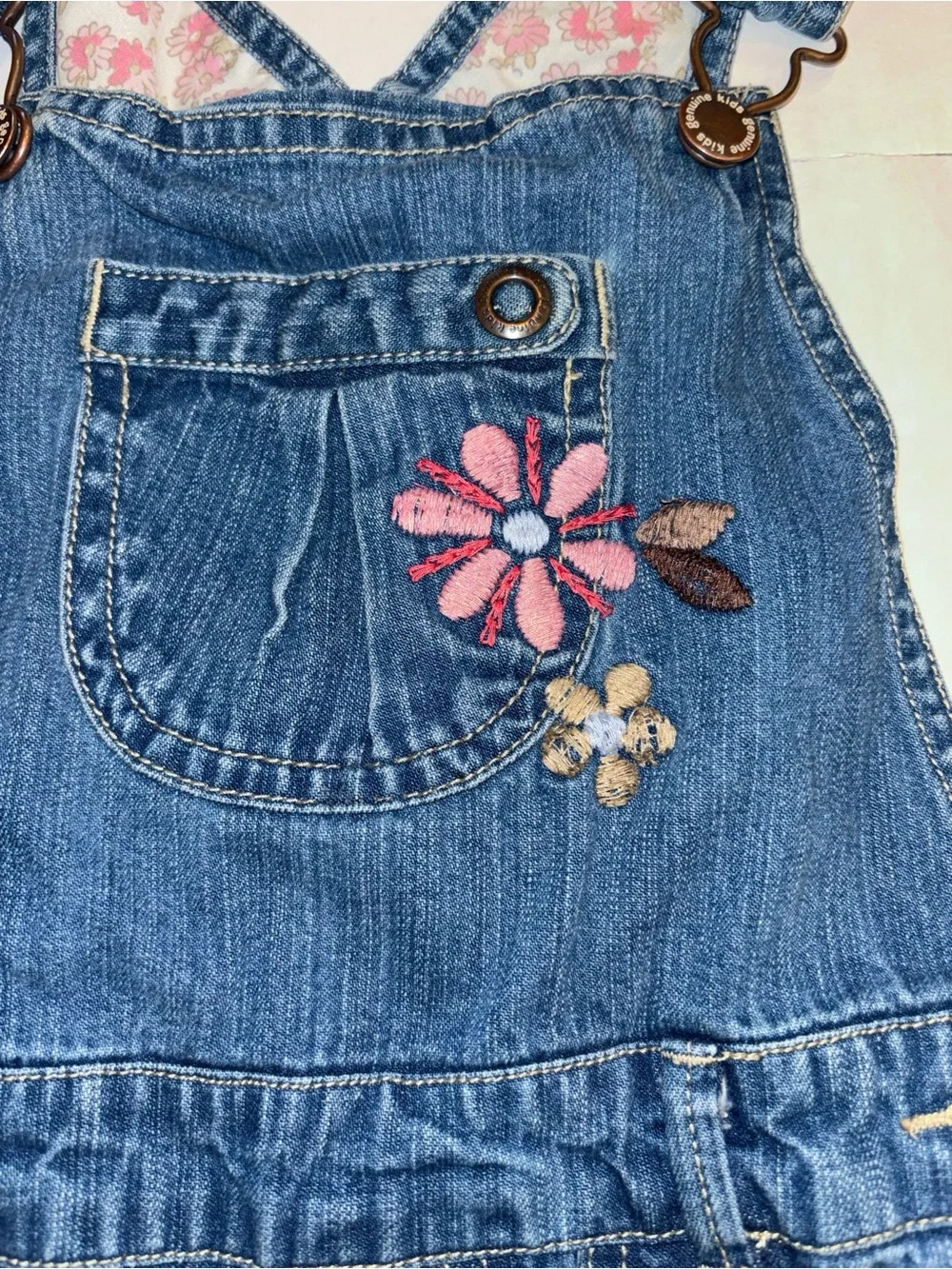 Girls Denim Overalls with Pink Flower Embroidery - Kids